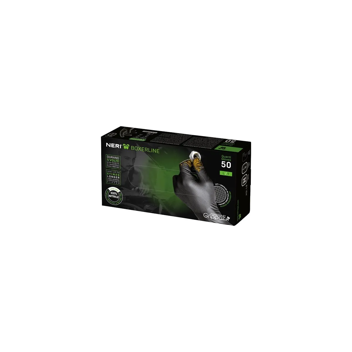 50 Guanti In Nitrile Nero 0422 Grip – Taglia L (9), Uso Alimentare, EN 388, EN 374, Senza Lattice, Scatola Dispenser